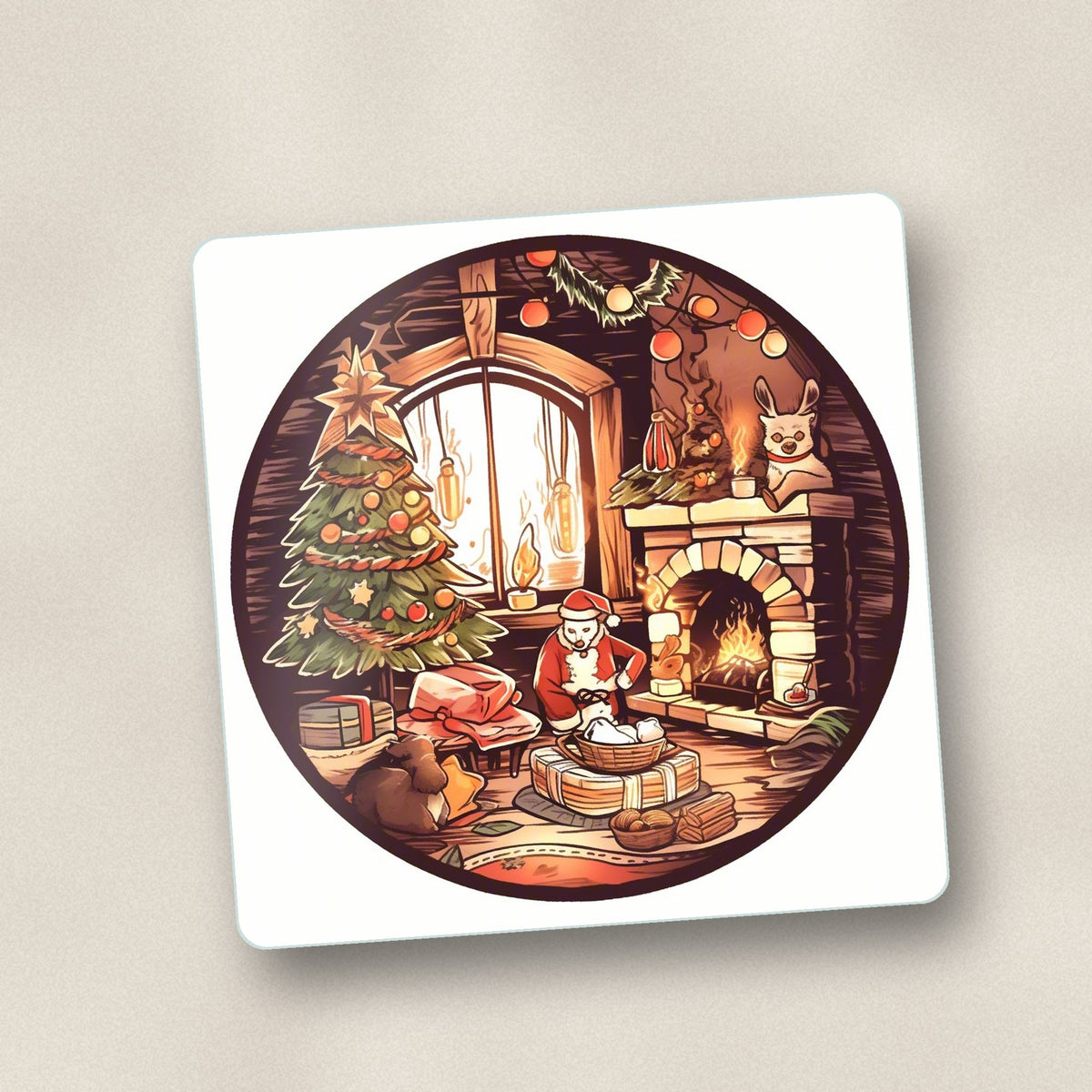 Close-up of one christmas cottage fireside square glass coaster, flat UV print