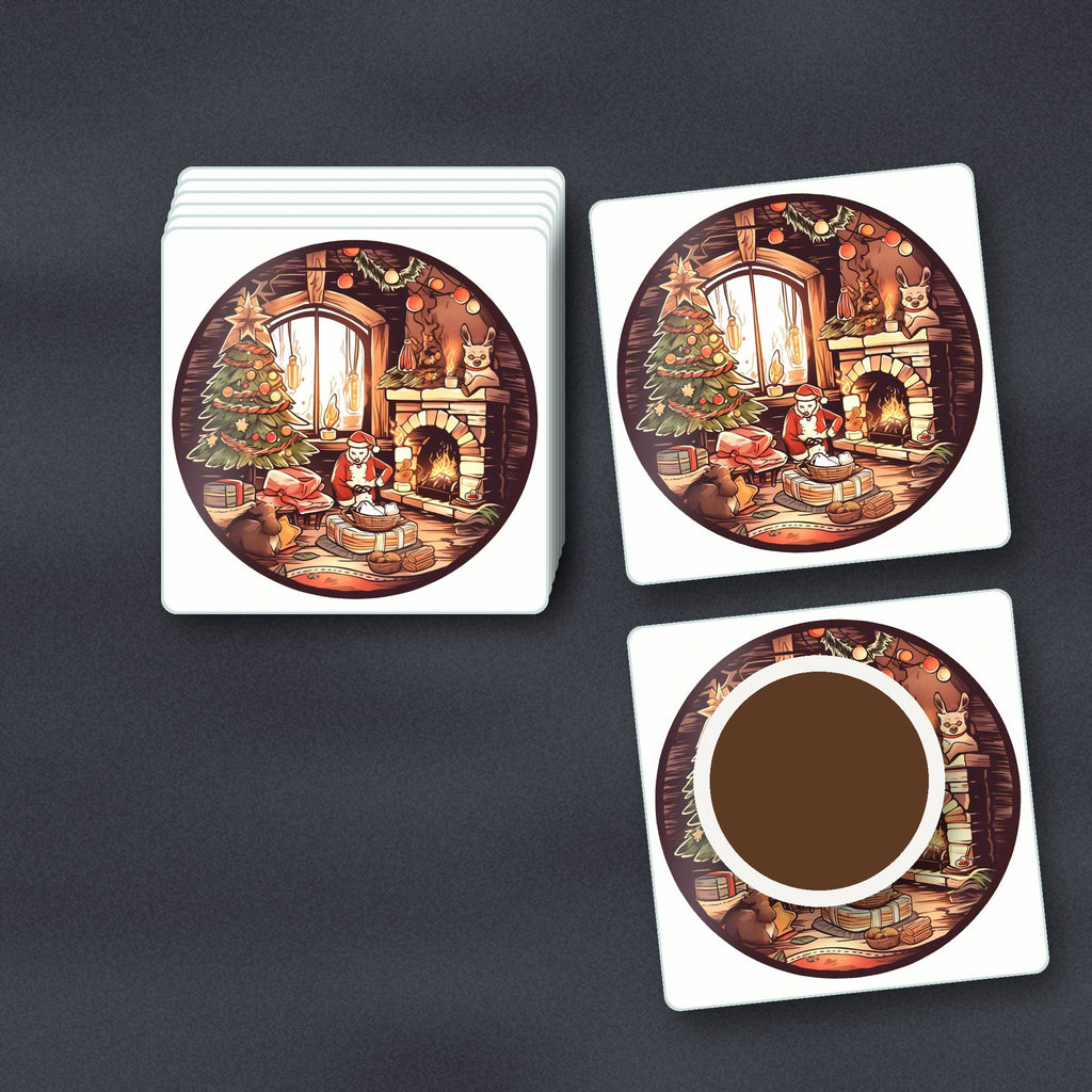 Christmas Cottage Fireside square glass coasters stacked on a slate kitchen worktop