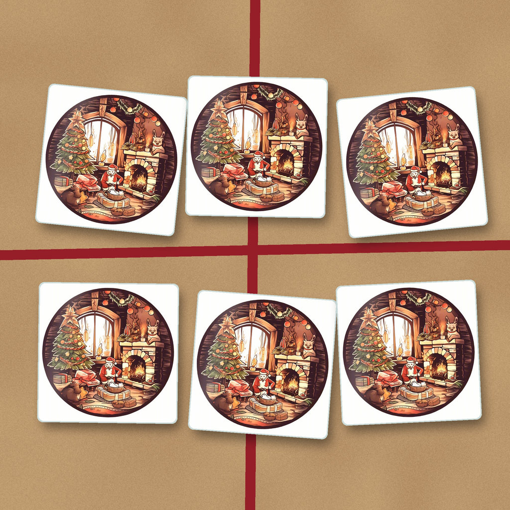 Christmas Cottage Fireside square glass coasters on kraft gift wrap