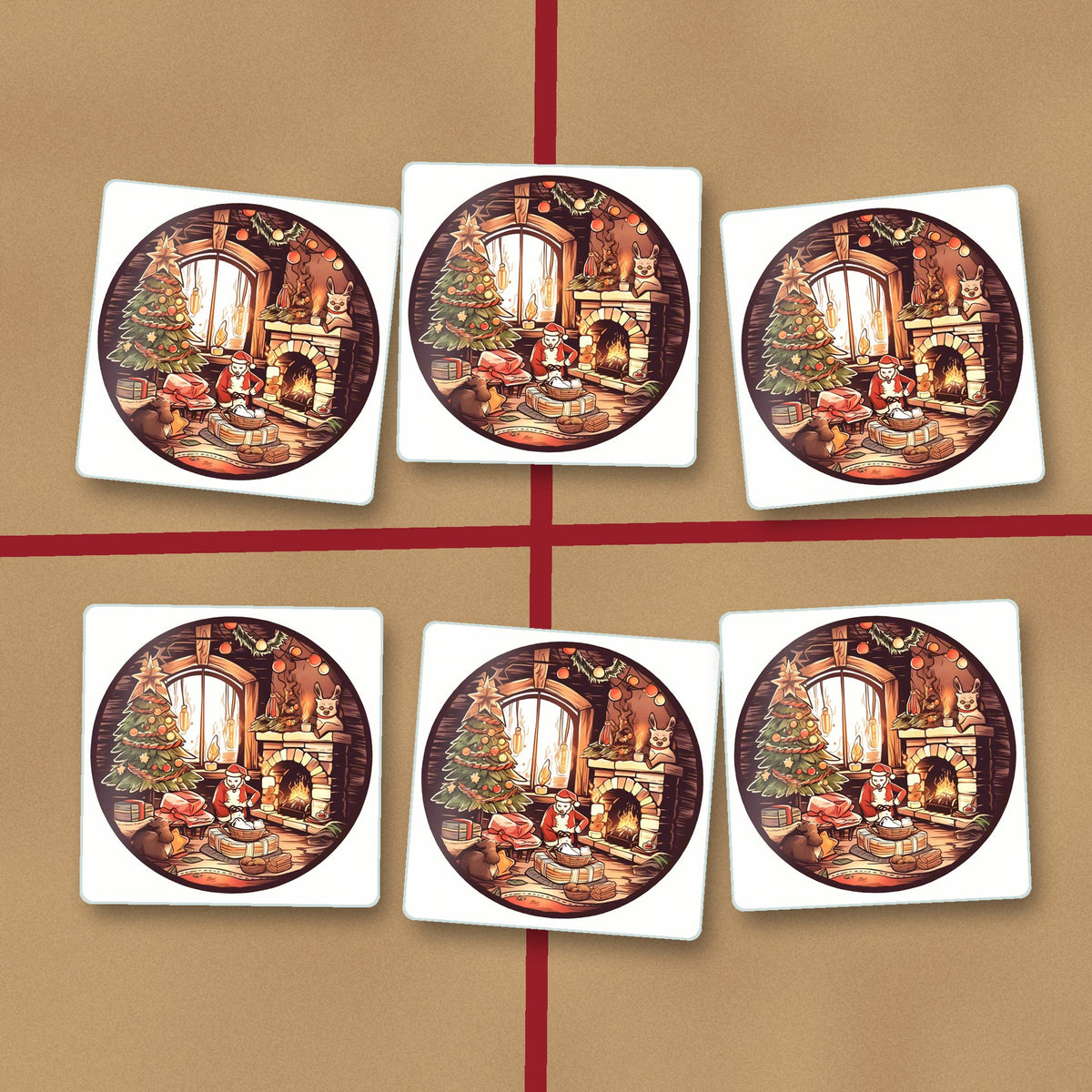 Christmas Cottage Fireside square glass coasters on kraft gift wrap