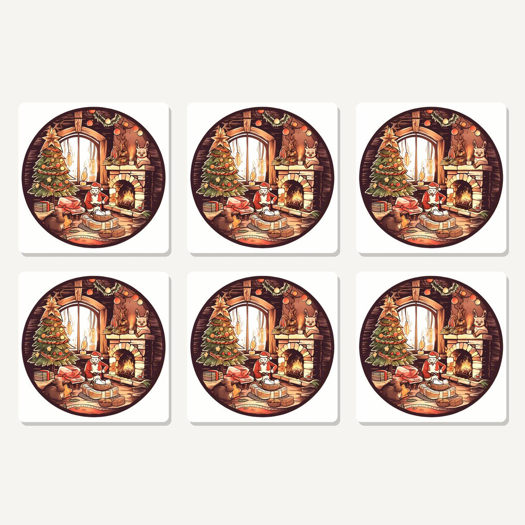 Flat lay of the christmas cottage fireside artwork on six square coasters