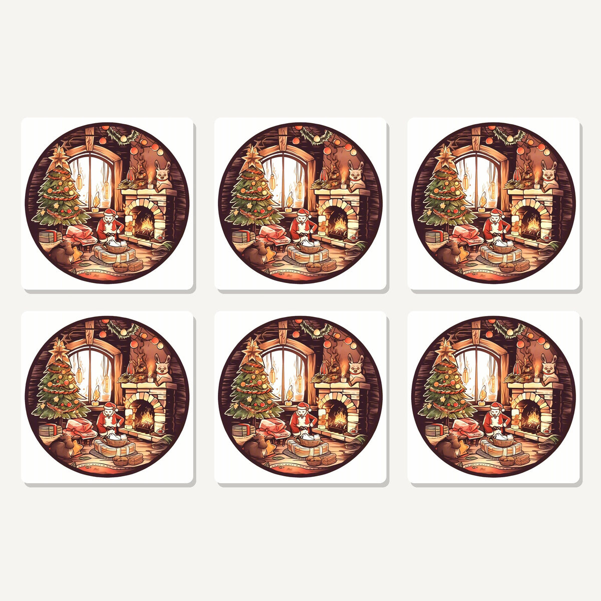 Flat lay of the christmas cottage fireside artwork on six square coasters