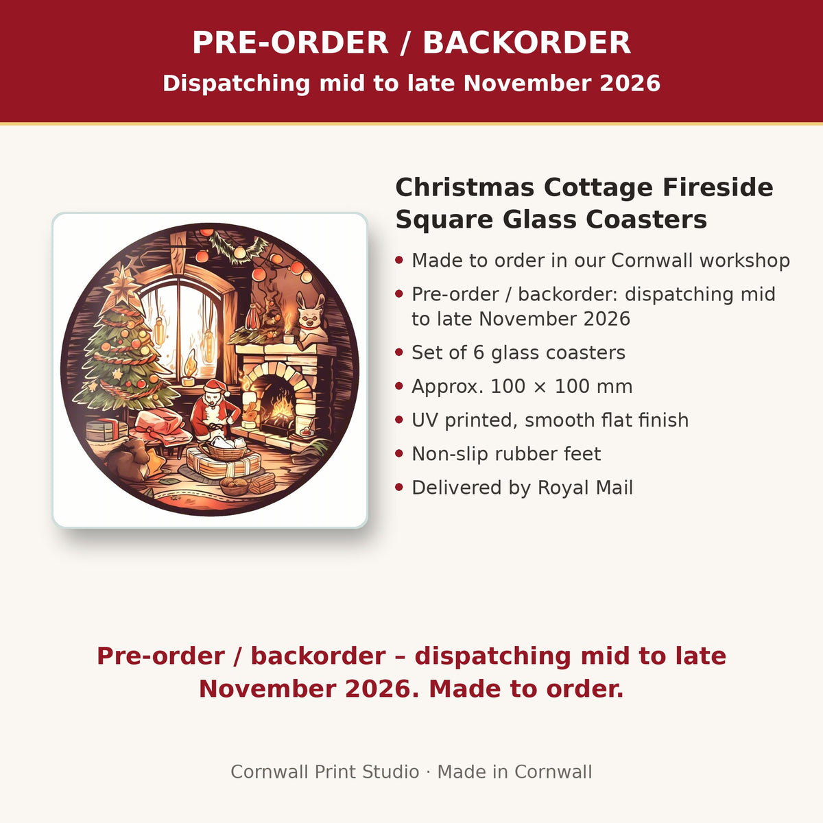 Info card: Christmas Cottage Fireside Square Glass Coasters – Set of 6, made to order, dispatching mid to late November 2026, delivered by Royal Mail