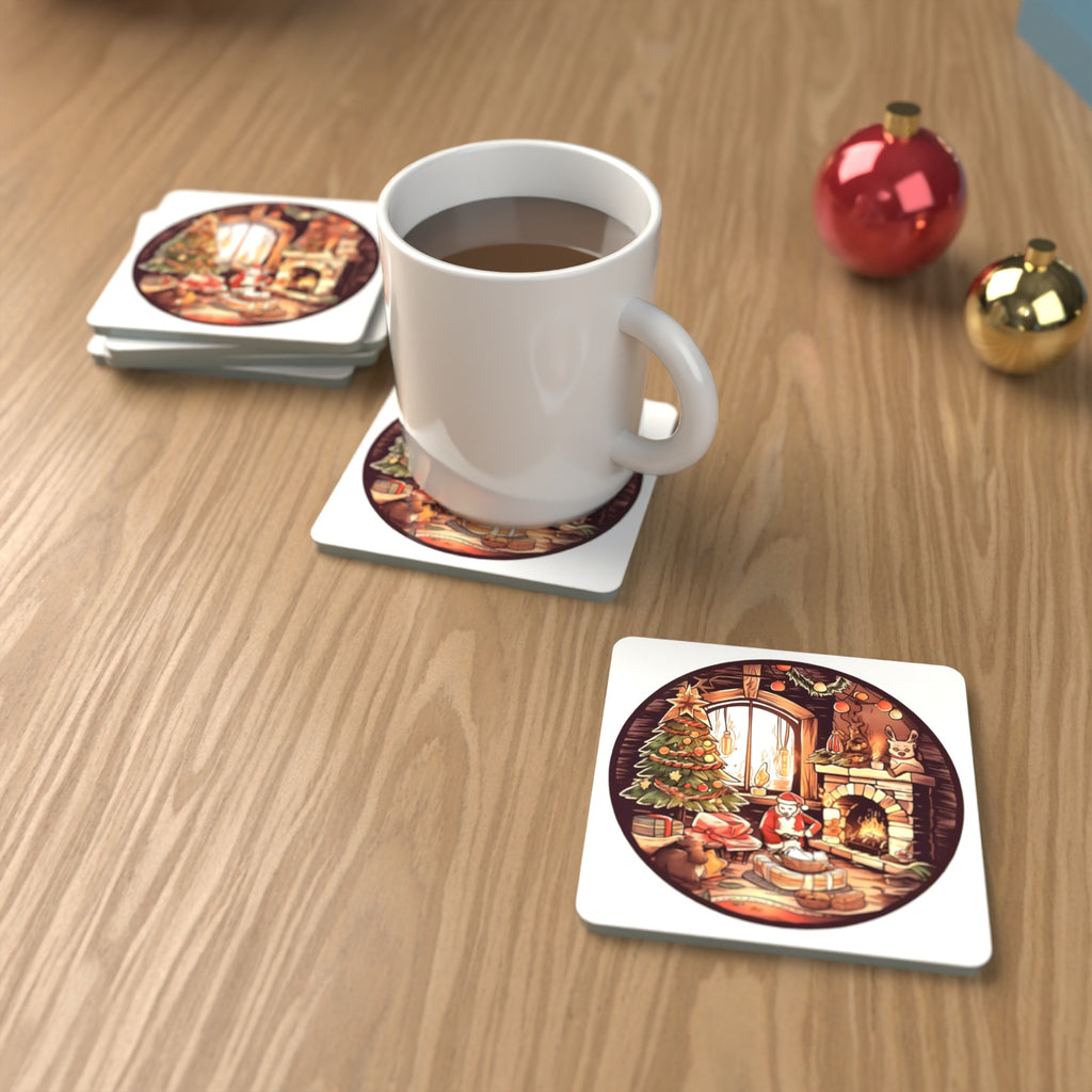 Christmas Cottage Fireside Square Glass Coasters – Set of 6 – lifestyle mockup with a mug of coffee