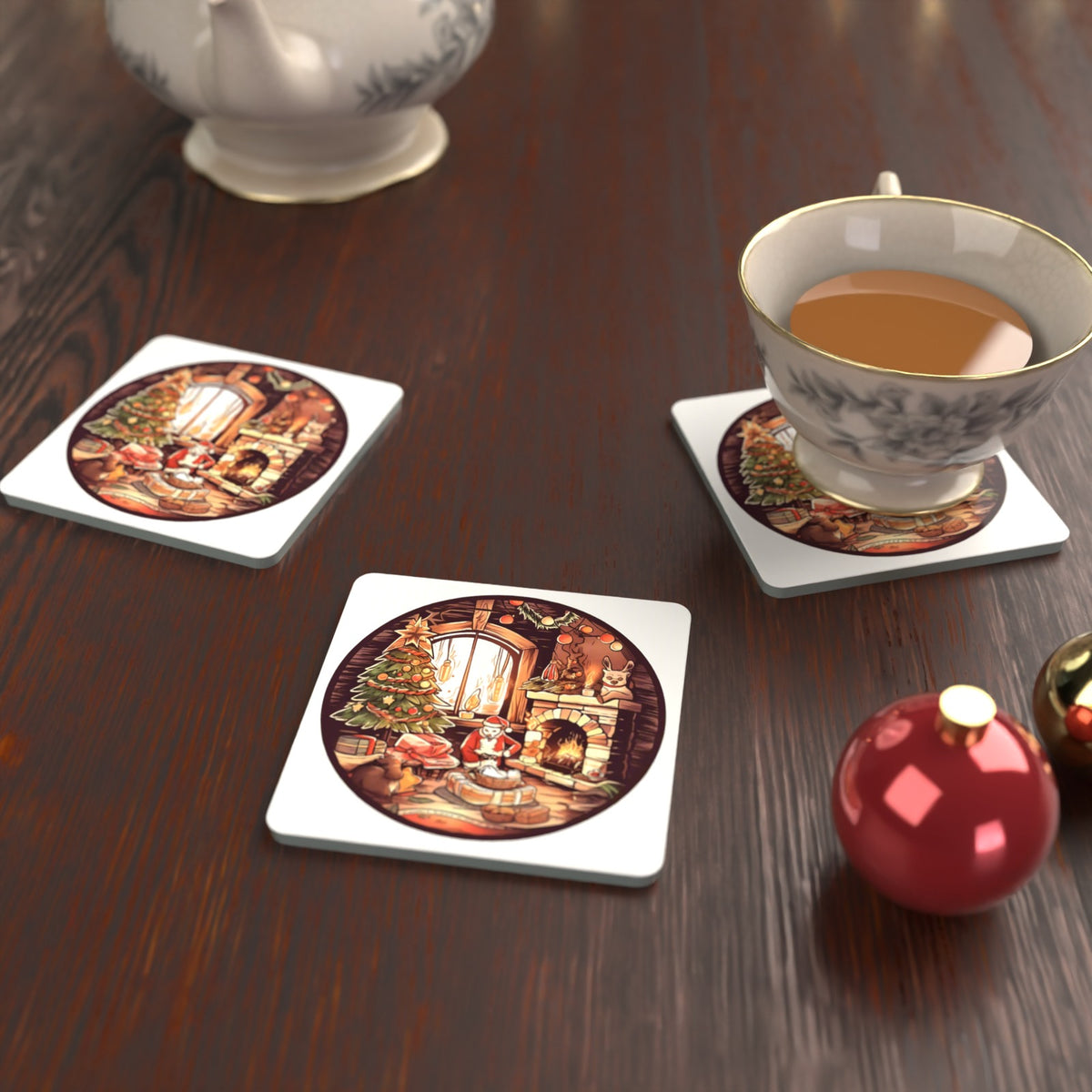 Christmas Cottage Fireside Square Glass Coasters – Set of 6 – lifestyle mockup with a teacup