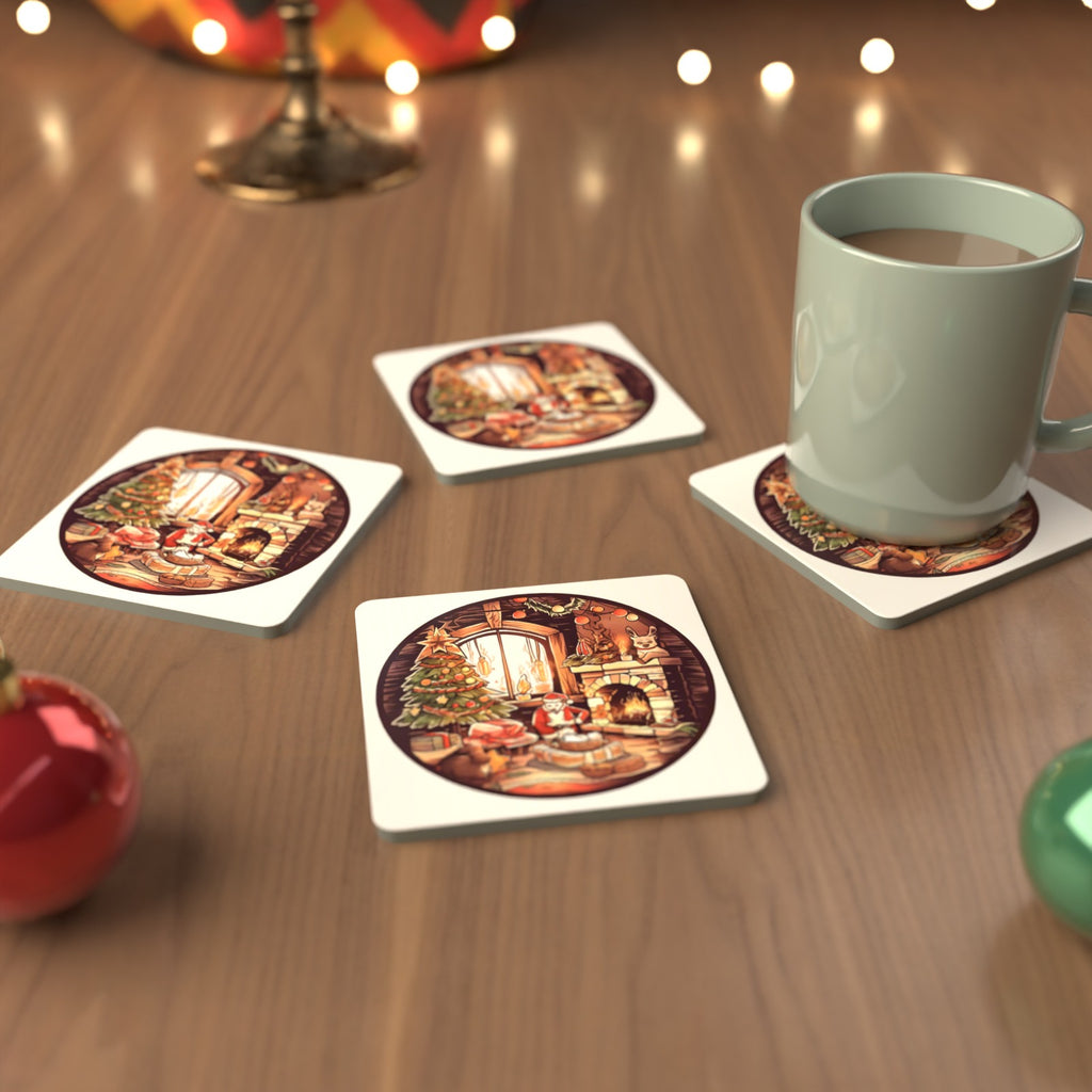 Christmas Cottage Fireside Square Glass Coasters – Set of 6 – cosy lifestyle mockup