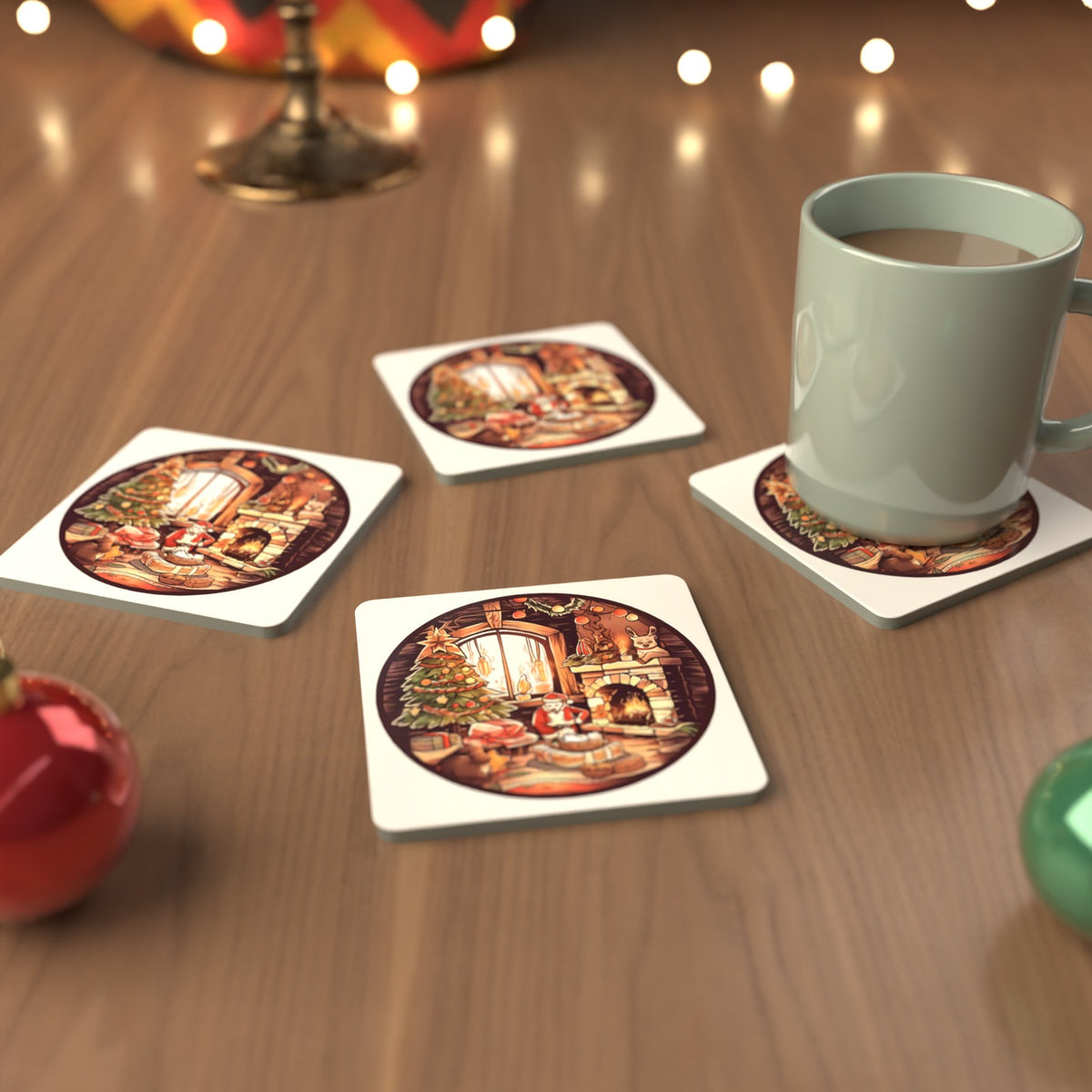 Christmas Cottage Fireside Square Glass Coasters – Set of 6 – cosy lifestyle mockup
