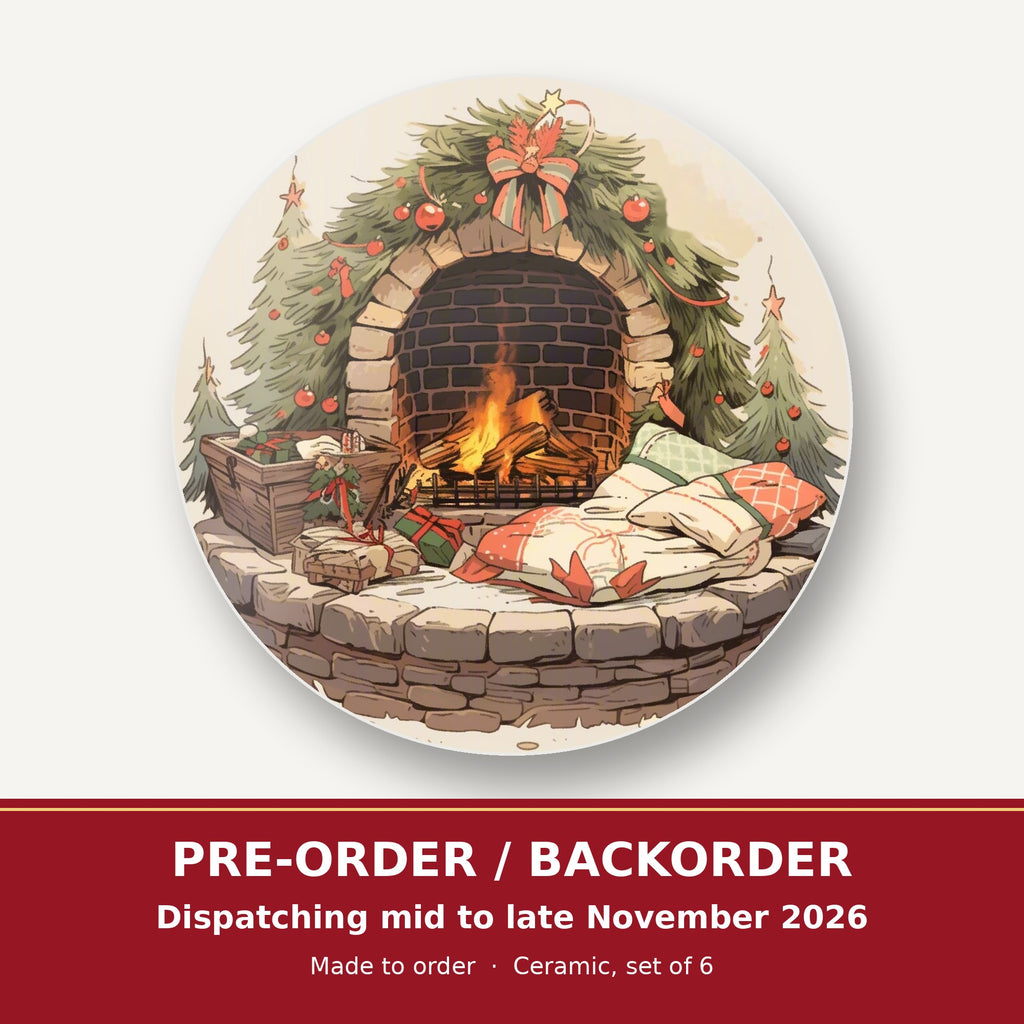 Festive Fireplace with Wreath round ceramic coaster set of 6 – pre-order / backorder, dispatching mid to late November 2026