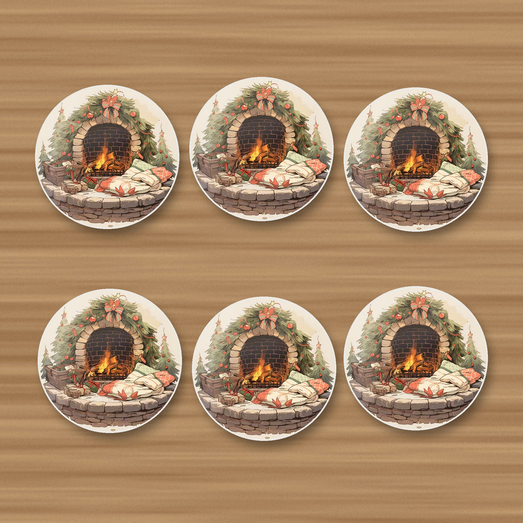 Festive Fireplace with Wreath round ceramic coasters, set of 6, on an oak coffee table