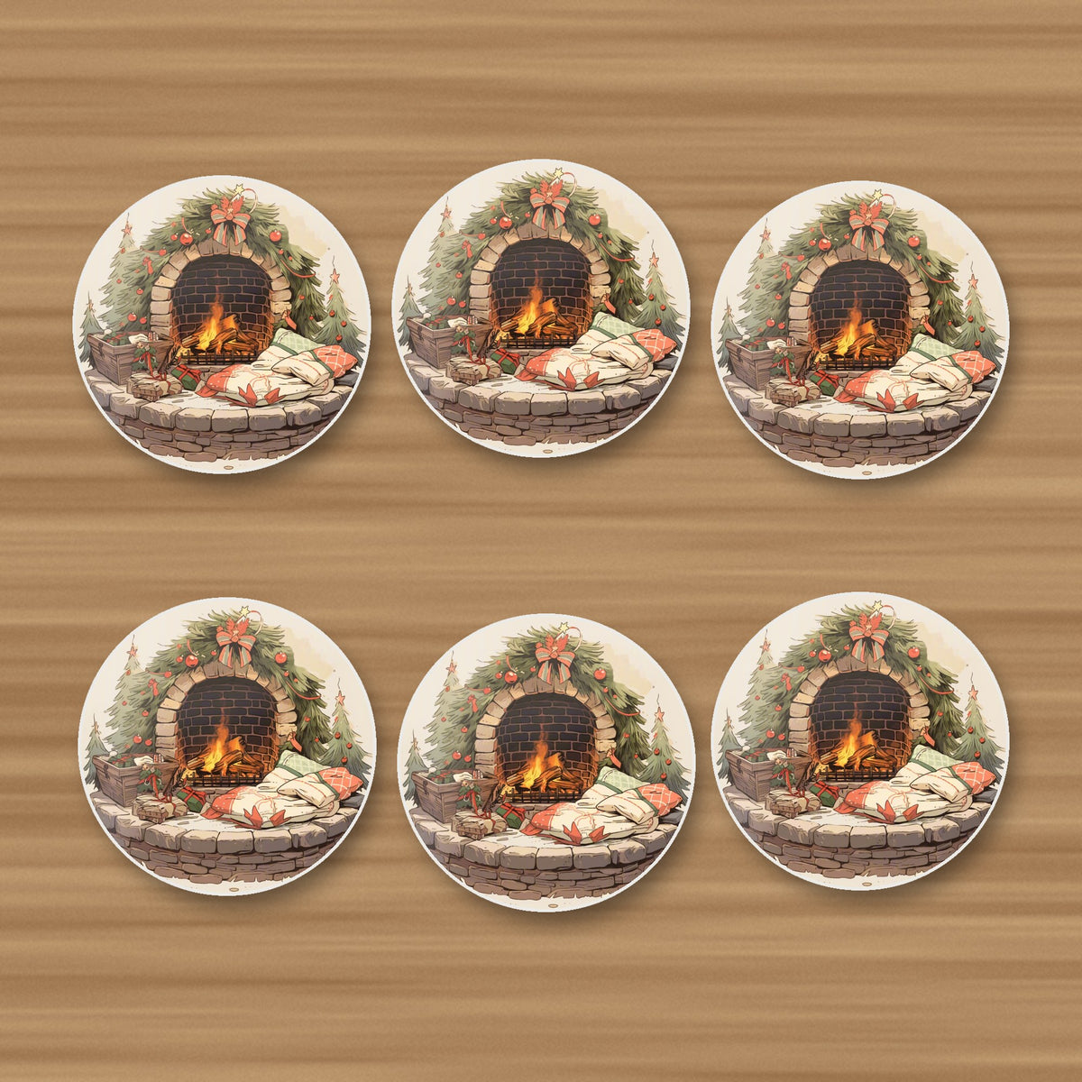 Festive Fireplace with Wreath round ceramic coasters, set of 6, on an oak coffee table