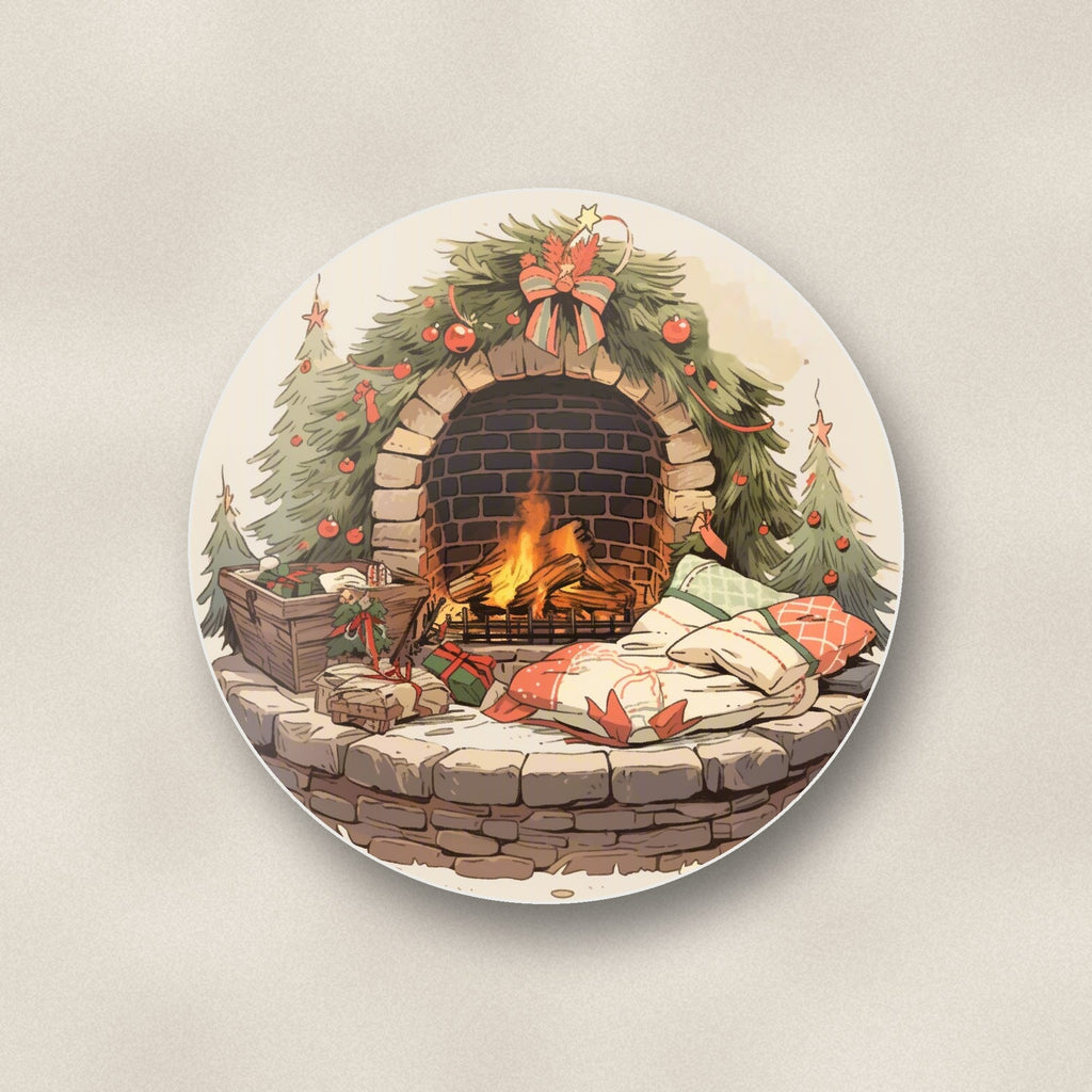 Close-up of one festive fireplace with wreath round ceramic coaster, flat UV print