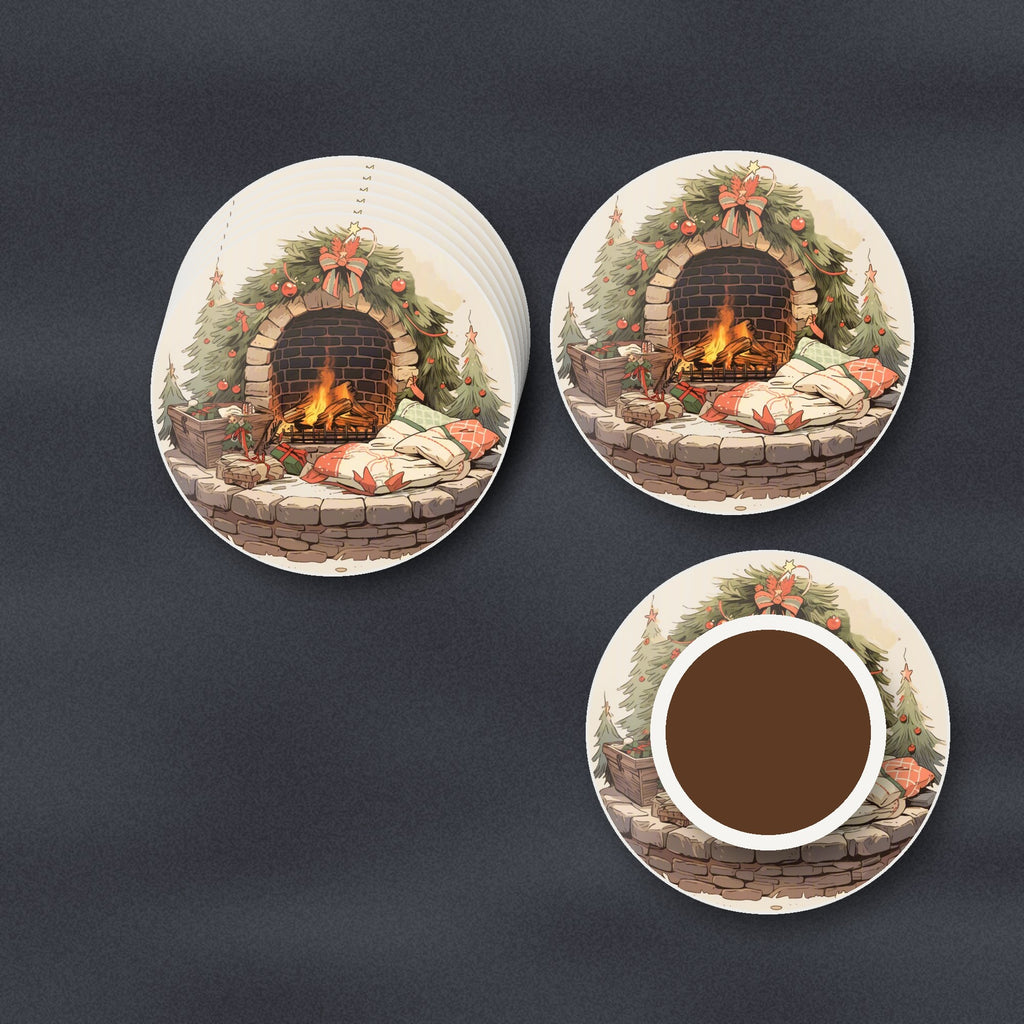 Festive Fireplace with Wreath round ceramic coasters stacked on a slate kitchen worktop