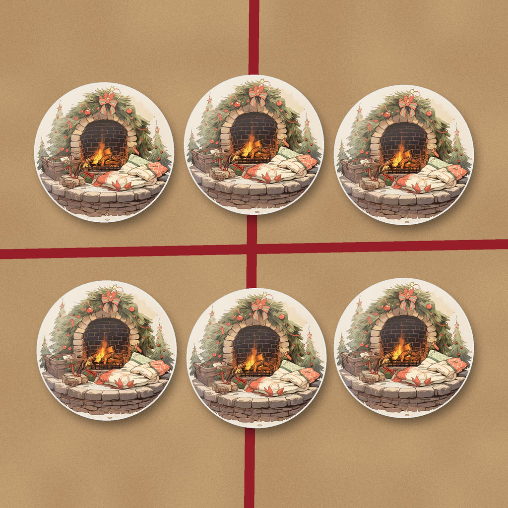 Festive Fireplace with Wreath round ceramic coasters on kraft gift wrap