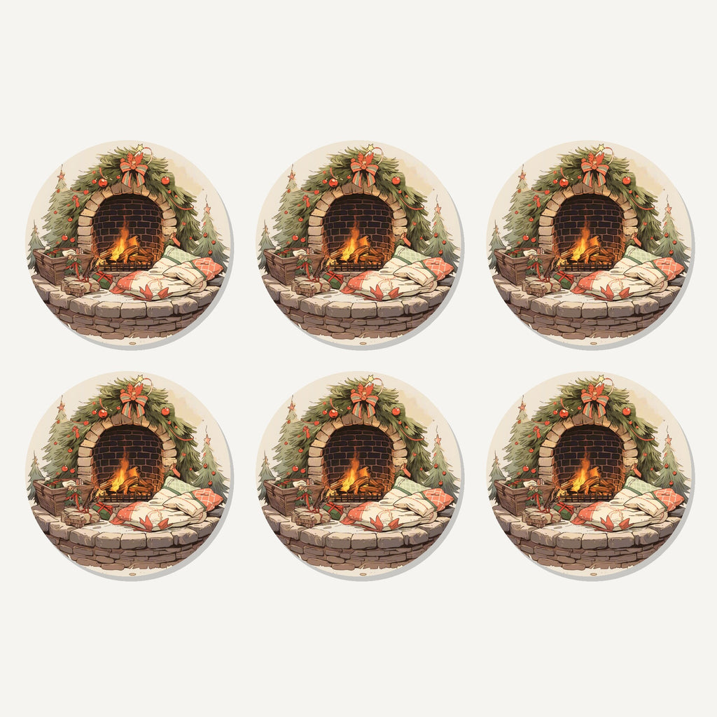 Flat lay of the festive fireplace with wreath artwork on six round coasters