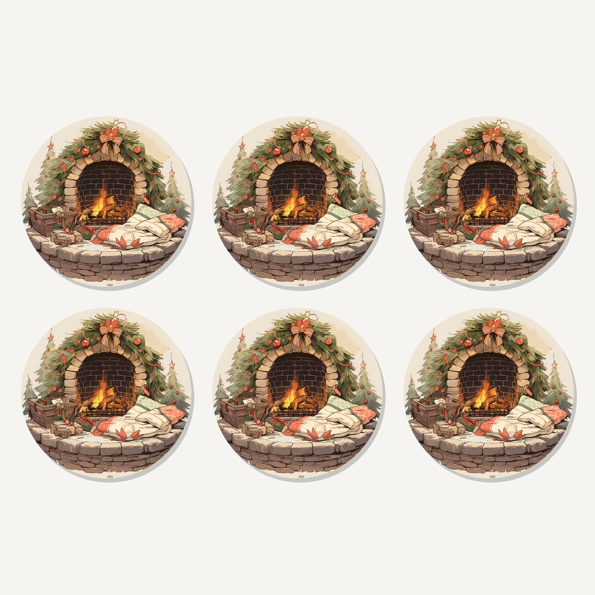 Flat lay of the festive fireplace with wreath artwork on six round coasters