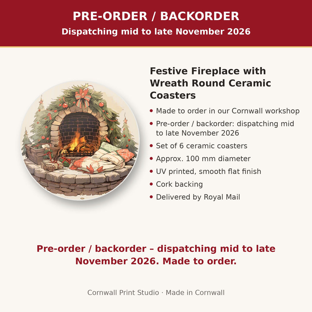 Info card: Festive Fireplace with Wreath Round Ceramic Coasters – Set of 6, made to order, dispatching mid to late November 2026, delivered by Royal Mail