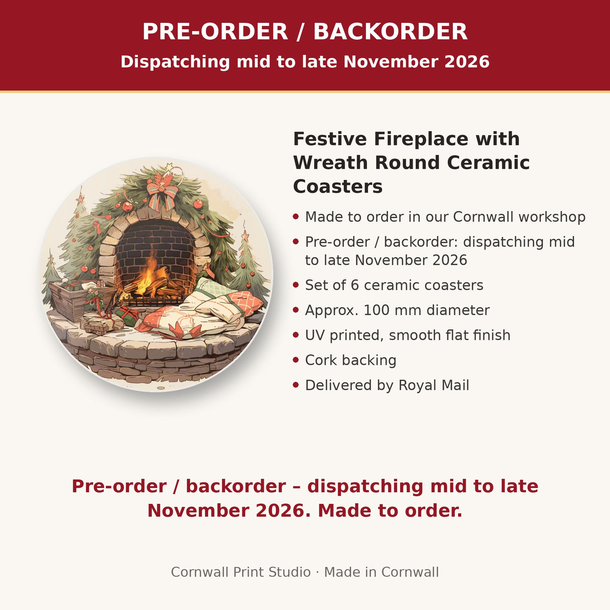 Info card: Festive Fireplace with Wreath Round Ceramic Coasters – Set of 6, made to order, dispatching mid to late November 2026, delivered by Royal Mail