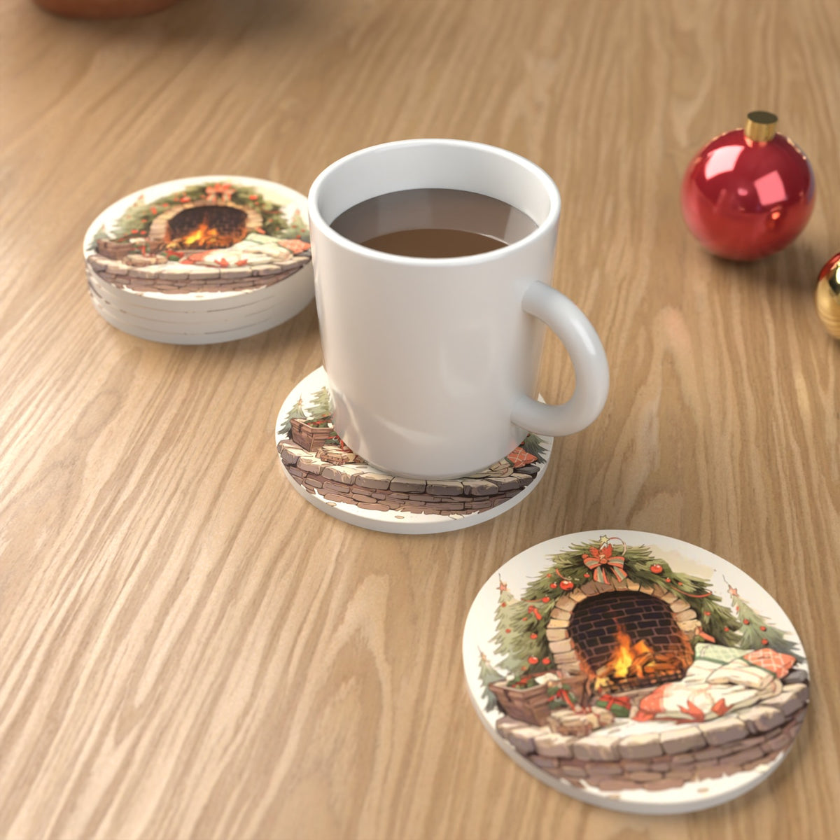 Festive Fireplace with Wreath Round Ceramic Coasters – Set of 6 – lifestyle mockup with a mug of coffee