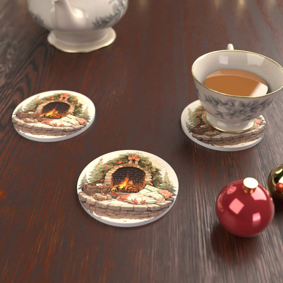 Festive Fireplace with Wreath Round Ceramic Coasters – Set of 6 – lifestyle mockup with a teacup