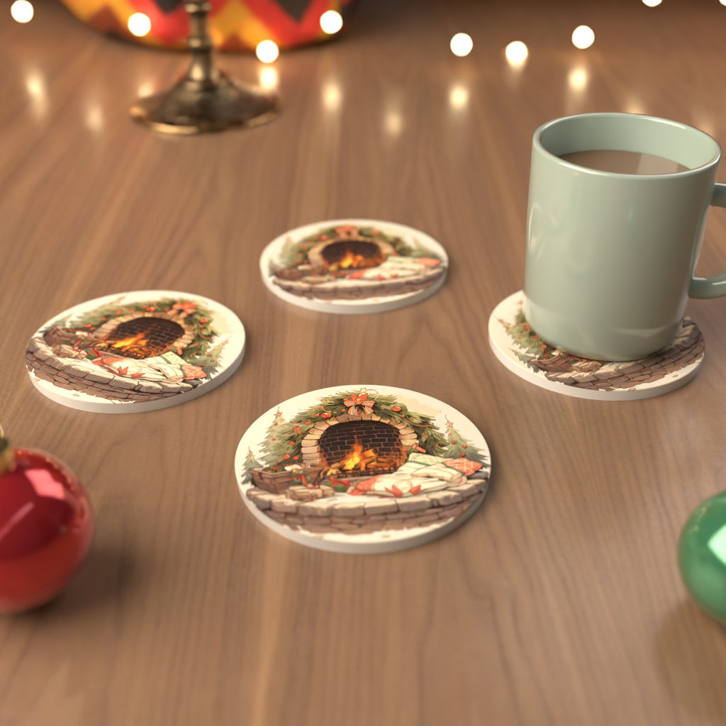 Festive Fireplace with Wreath Round Ceramic Coasters – Set of 6 – cosy lifestyle mockup
