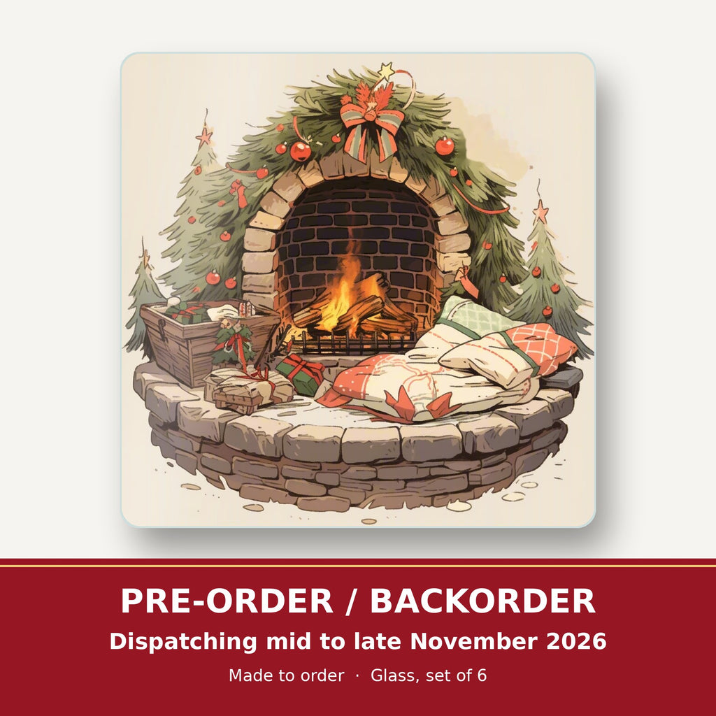 Festive Fireplace with Wreath square glass coaster set of 6 – pre-order / backorder, dispatching mid to late November 2026