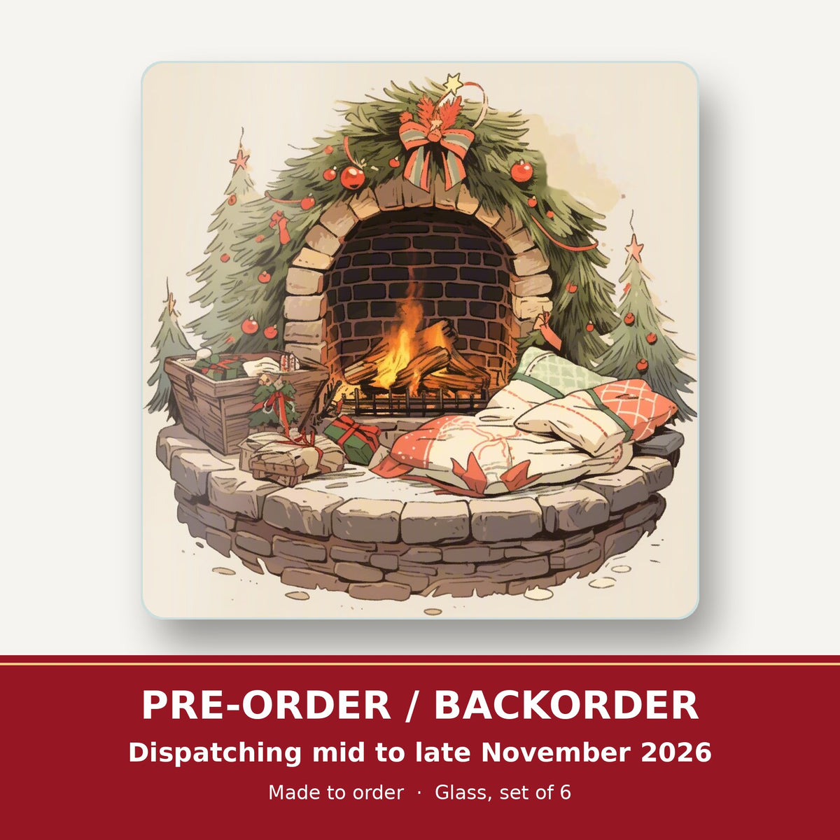 Festive Fireplace with Wreath square glass coaster set of 6 – pre-order / backorder, dispatching mid to late November 2026