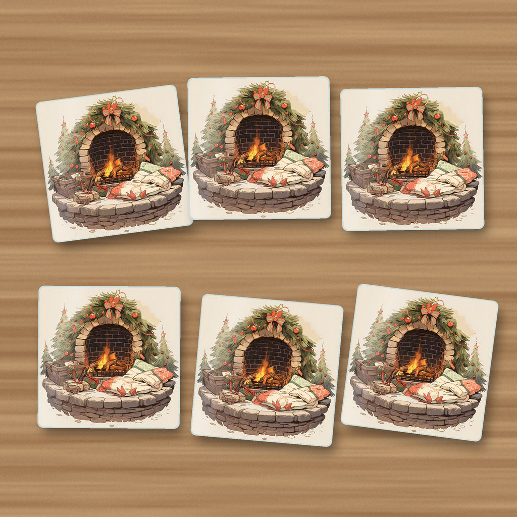 Festive Fireplace with Wreath square glass coasters, set of 6, on an oak coffee table