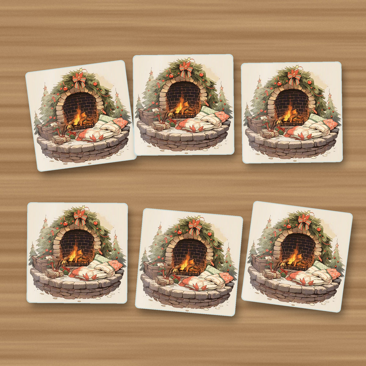 Festive Fireplace with Wreath square glass coasters, set of 6, on an oak coffee table