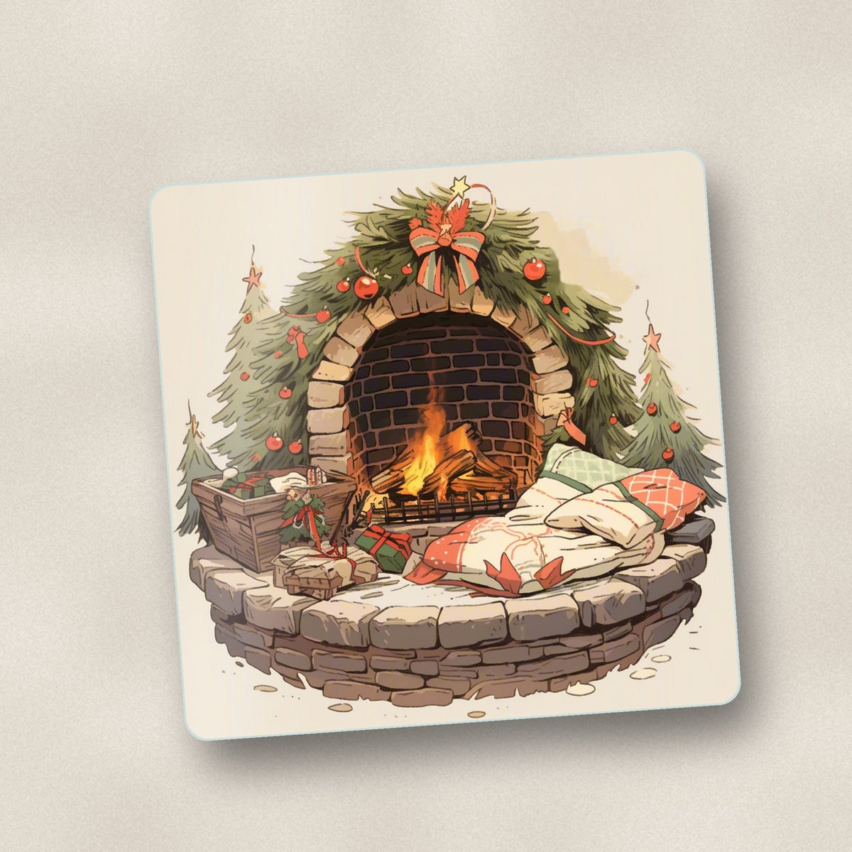 Close-up of one festive fireplace with wreath square glass coaster, flat UV print