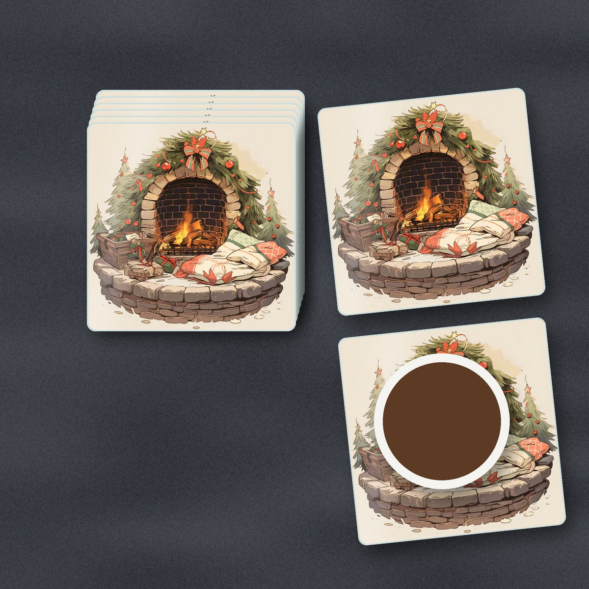 Festive Fireplace with Wreath square glass coasters stacked on a slate kitchen worktop