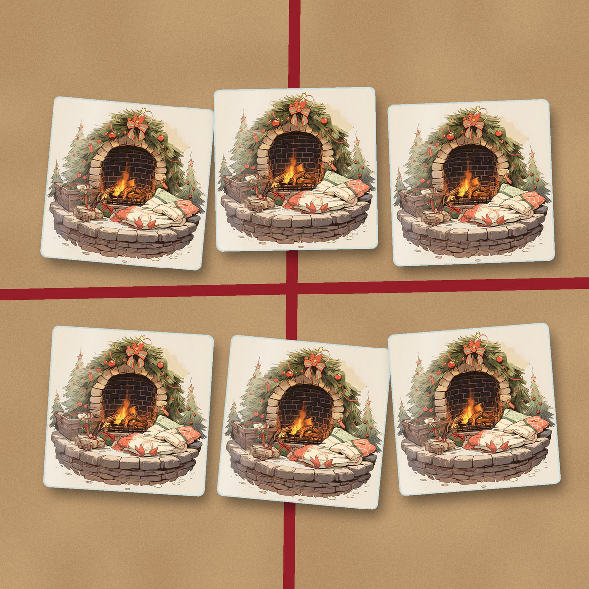 Festive Fireplace with Wreath square glass coasters on kraft gift wrap