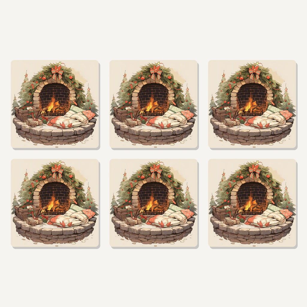 Flat lay of the festive fireplace with wreath artwork on six square coasters