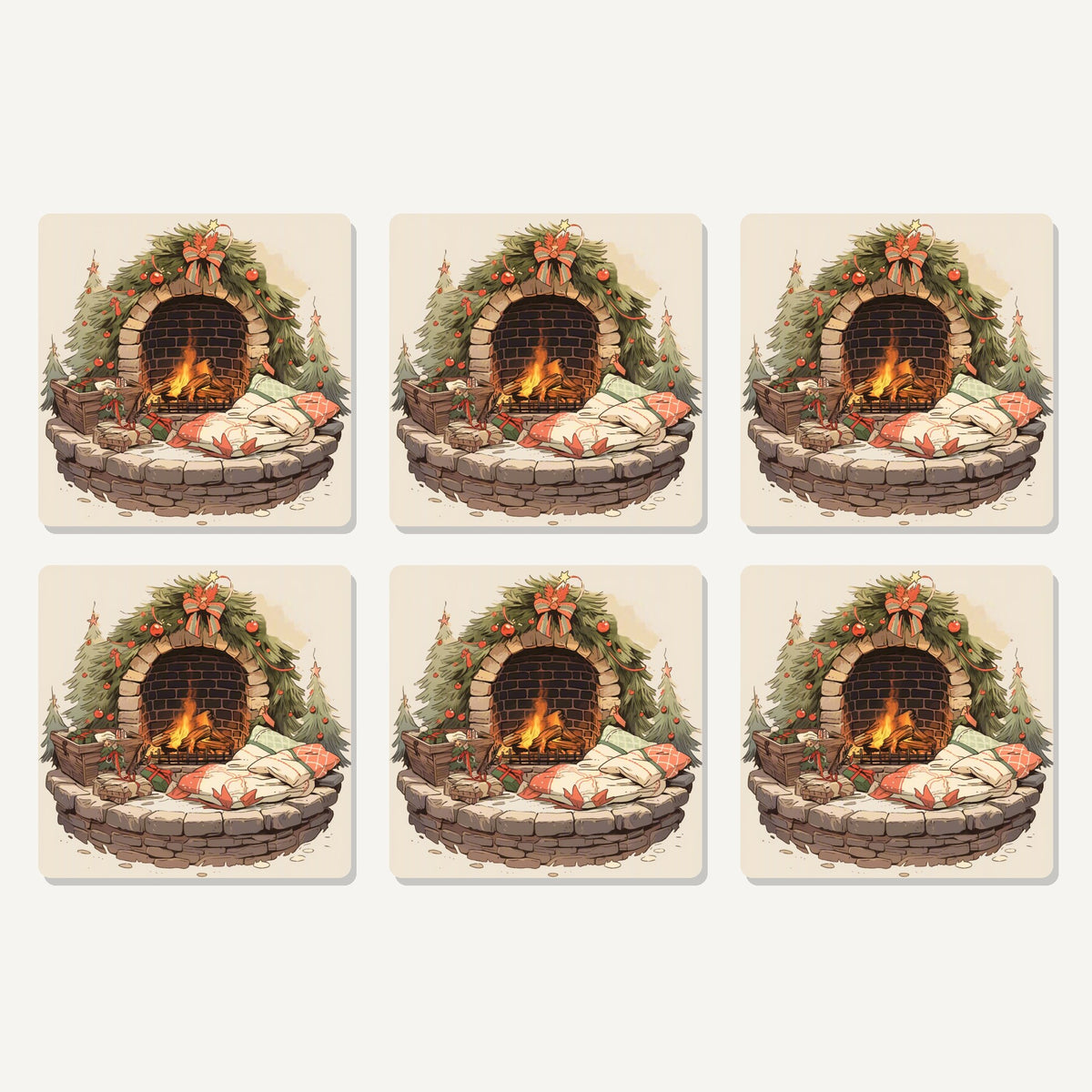 Flat lay of the festive fireplace with wreath artwork on six square coasters
