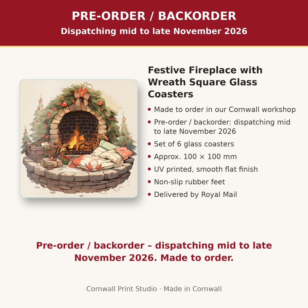 Info card: Festive Fireplace with Wreath Square Glass Coasters – Set of 6, made to order, dispatching mid to late November 2026, delivered by Royal Mail