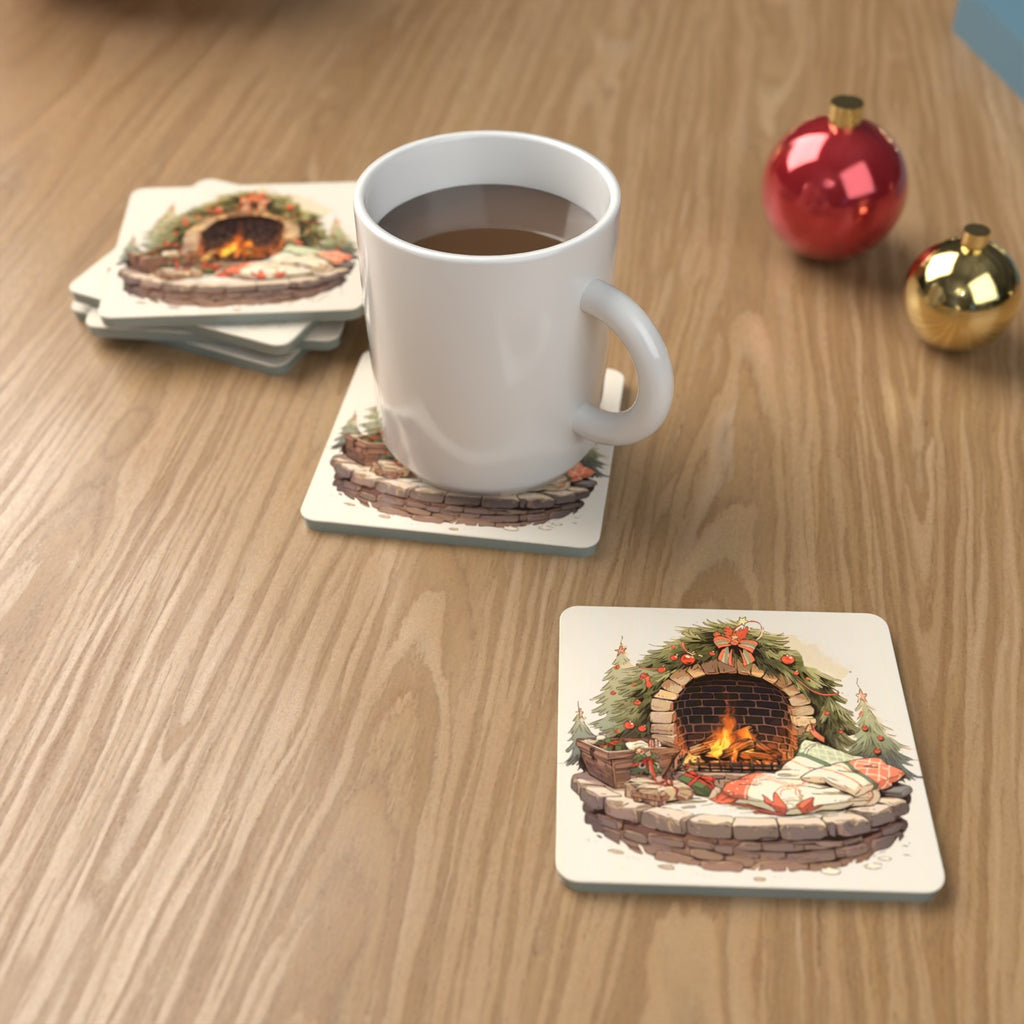 Festive Fireplace with Wreath Square Glass Coasters – Set of 6 – lifestyle mockup with a mug of coffee