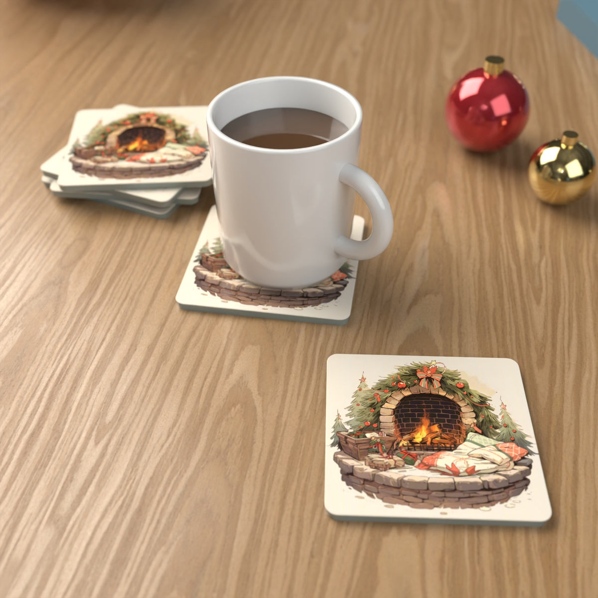 Festive Fireplace with Wreath Square Glass Coasters – Set of 6 – lifestyle mockup with a mug of coffee