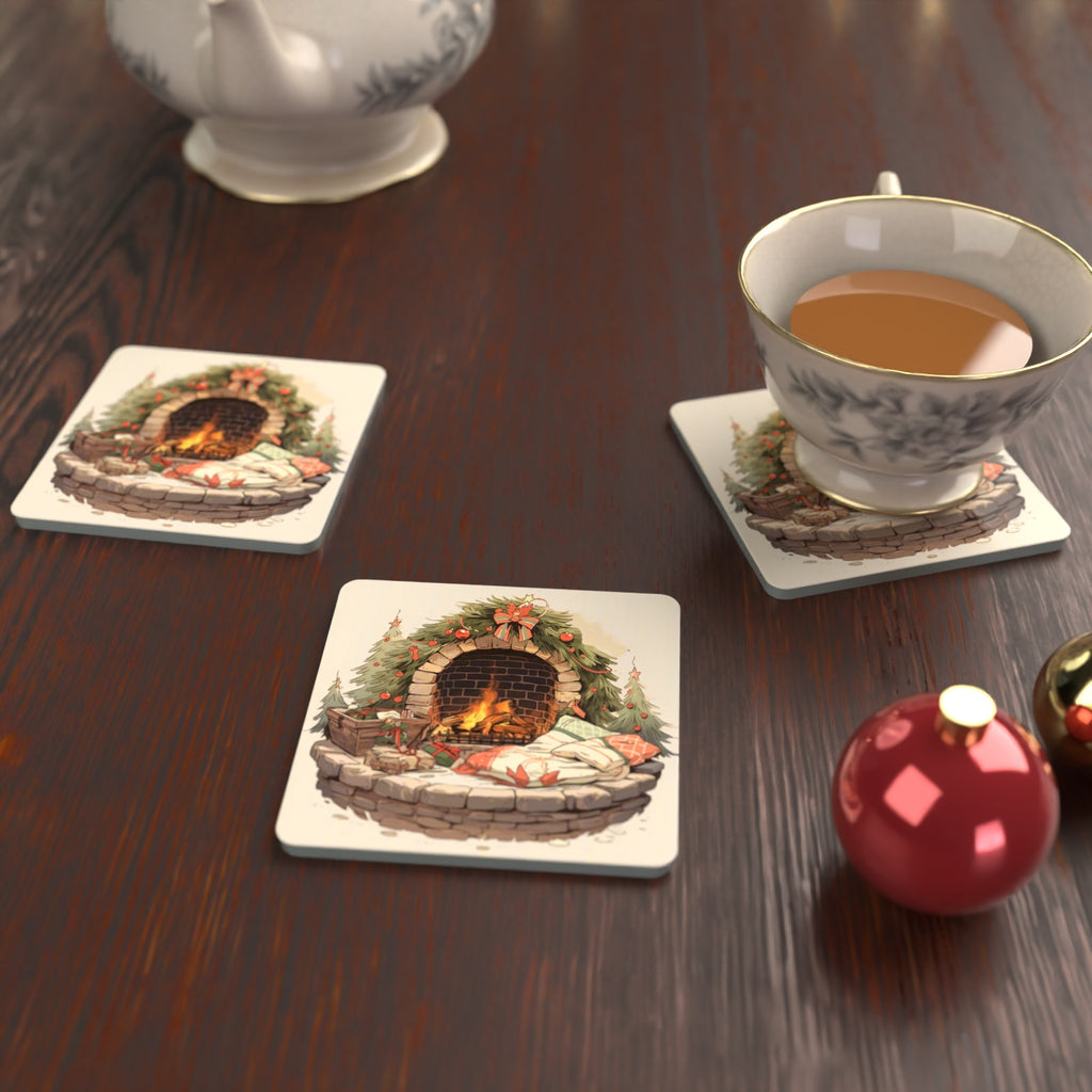 Festive Fireplace with Wreath Square Glass Coasters – Set of 6 – lifestyle mockup with a teacup