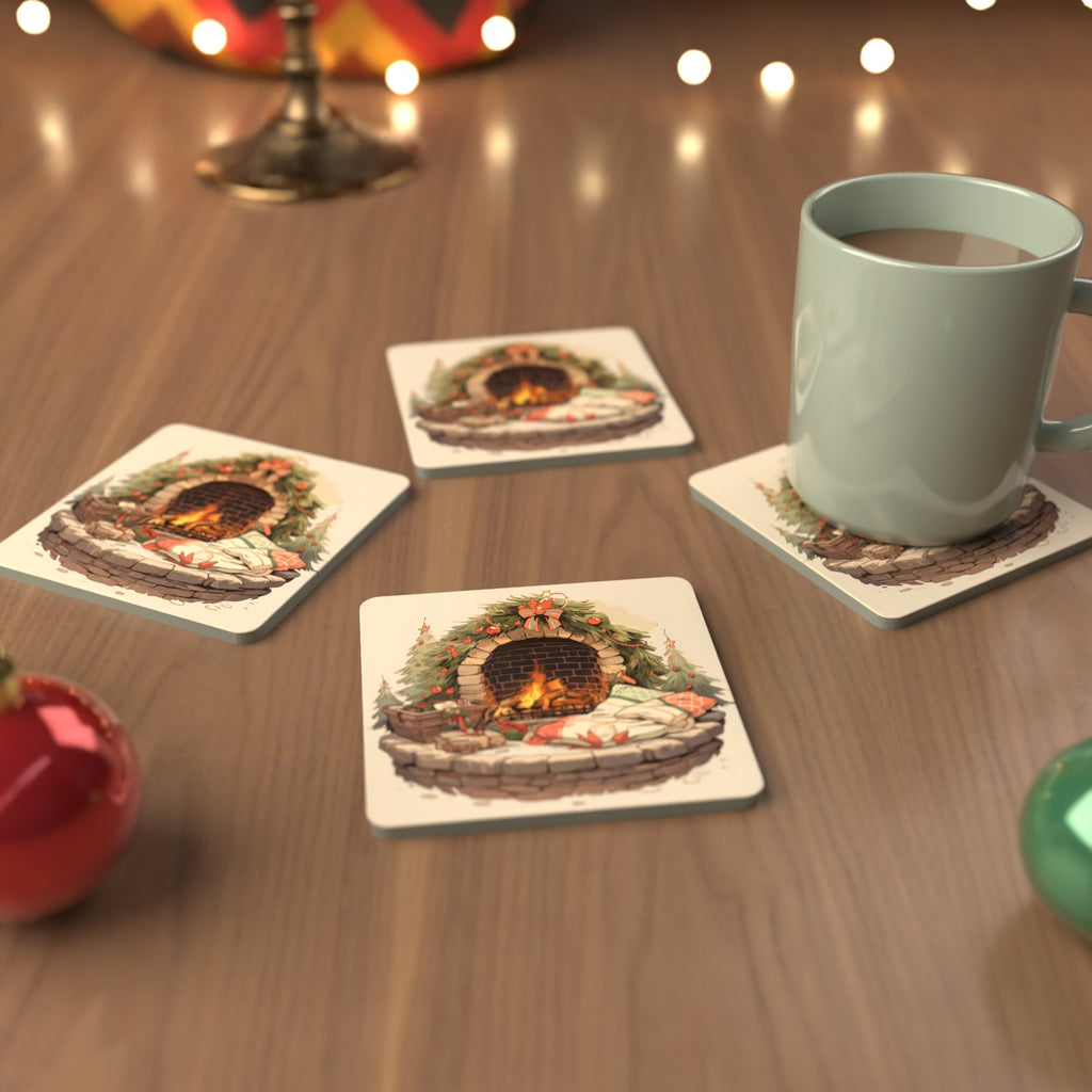 Festive Fireplace with Wreath Square Glass Coasters – Set of 6 – cosy lifestyle mockup