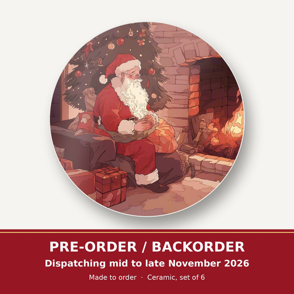Father Christmas at the Hearth round ceramic coaster set of 6 – pre-order / backorder, dispatching mid to late November 2026