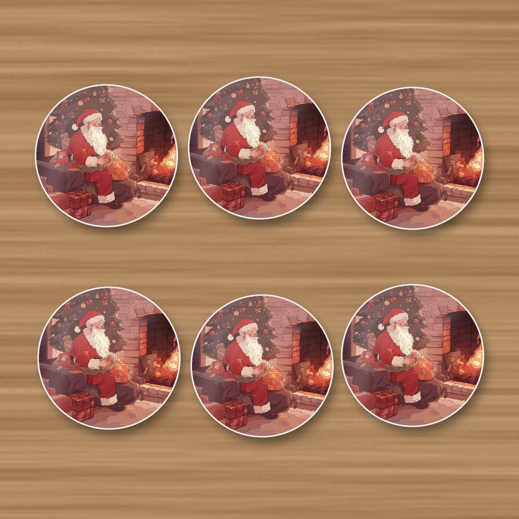 Father Christmas at the Hearth round ceramic coasters, set of 6, on an oak coffee table