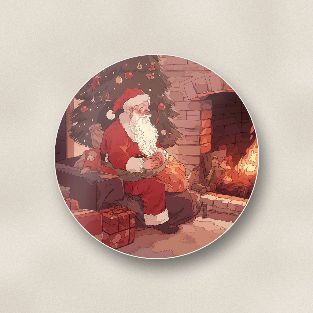 Close-up of one father christmas at the hearth round ceramic coaster, flat UV print