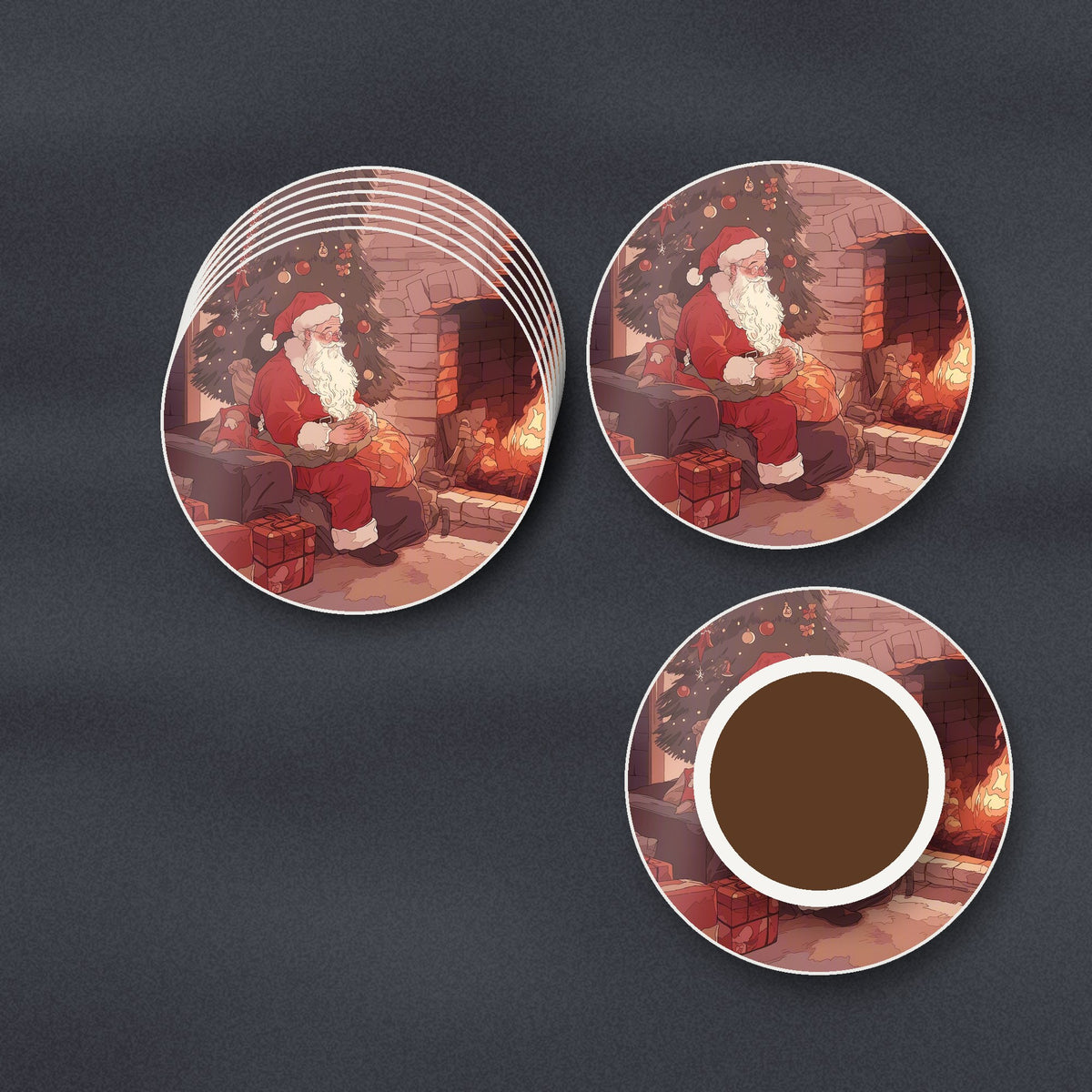 Father Christmas at the Hearth round ceramic coasters stacked on a slate kitchen worktop