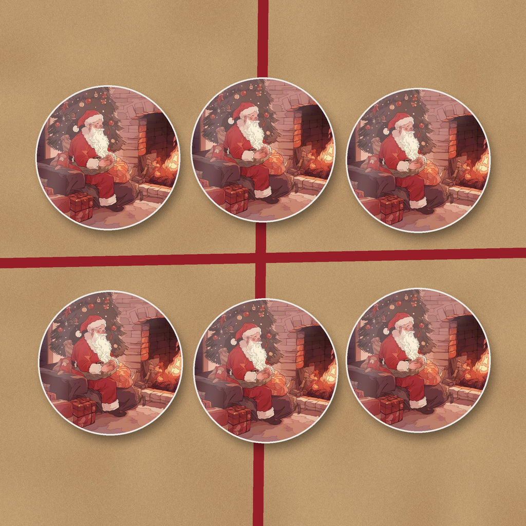 Father Christmas at the Hearth round ceramic coasters on kraft gift wrap