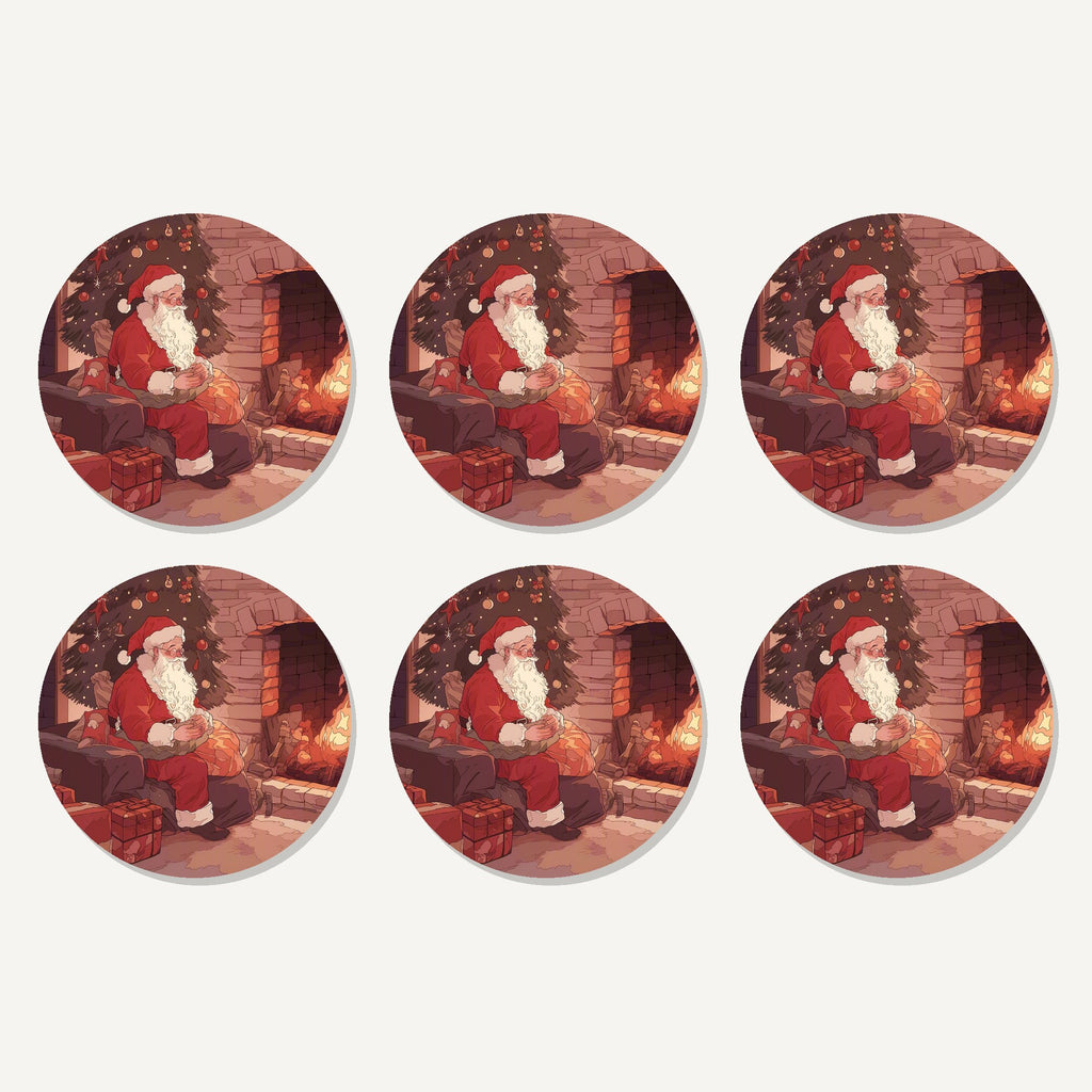 Flat lay of the father christmas at the hearth artwork on six round coasters