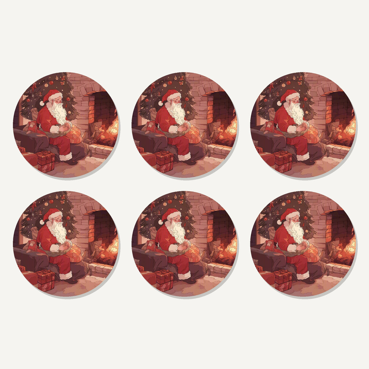Flat lay of the father christmas at the hearth artwork on six round coasters