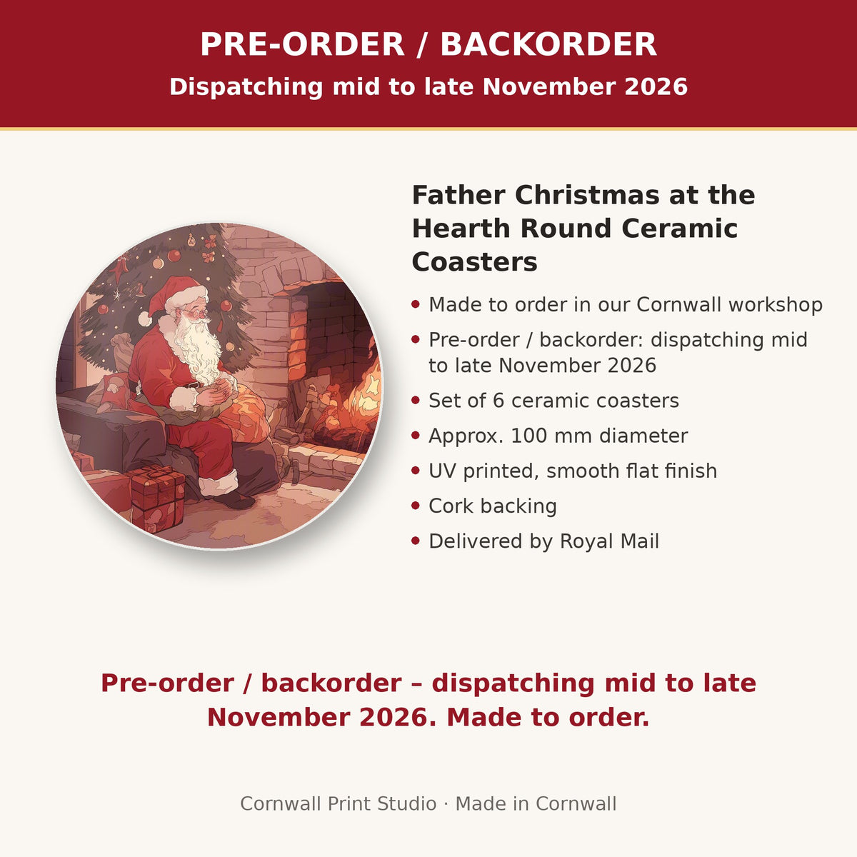 Info card: Father Christmas at the Hearth Round Ceramic Coasters – Set of 6, made to order, dispatching mid to late November 2026, delivered by Royal Mail