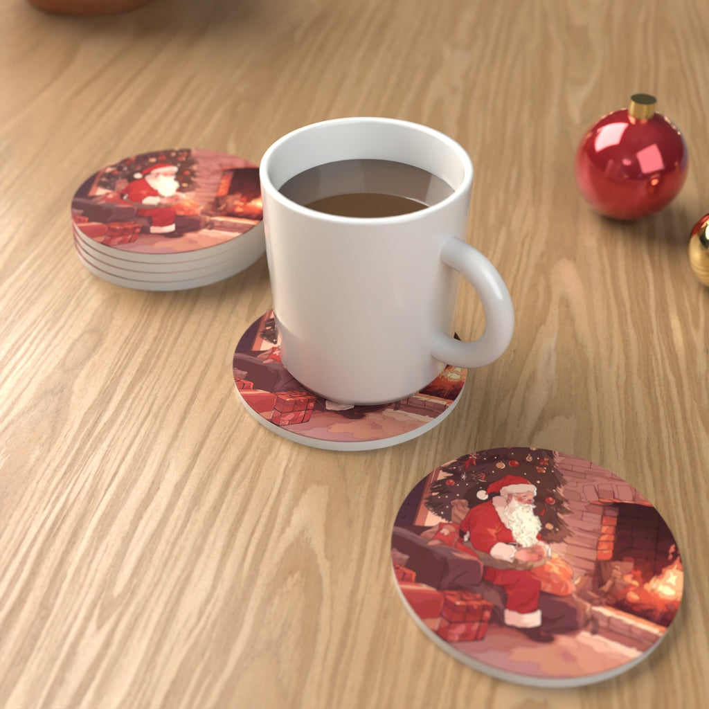 Father Christmas at the Hearth Round Ceramic Coasters – Set of 6 – lifestyle mockup with a mug of coffee