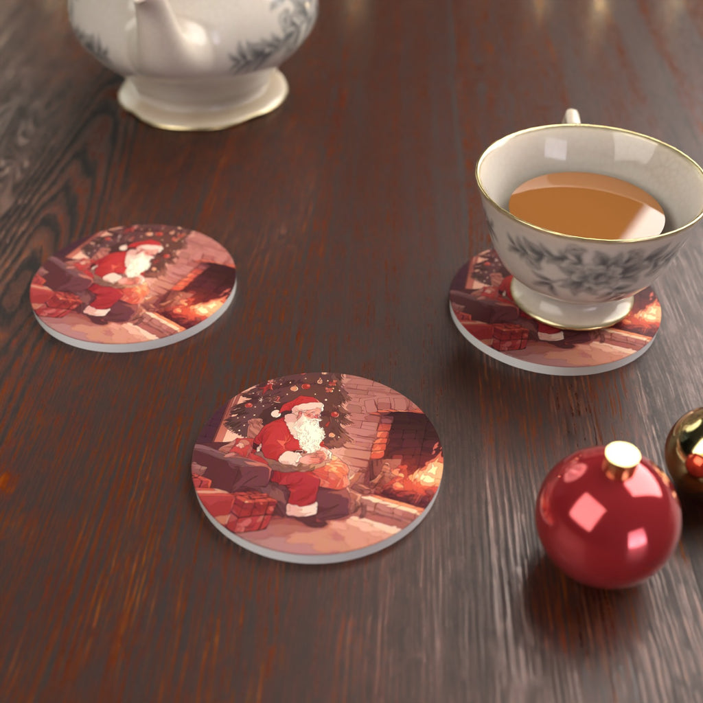 Father Christmas at the Hearth Round Ceramic Coasters – Set of 6 – lifestyle mockup with a teacup