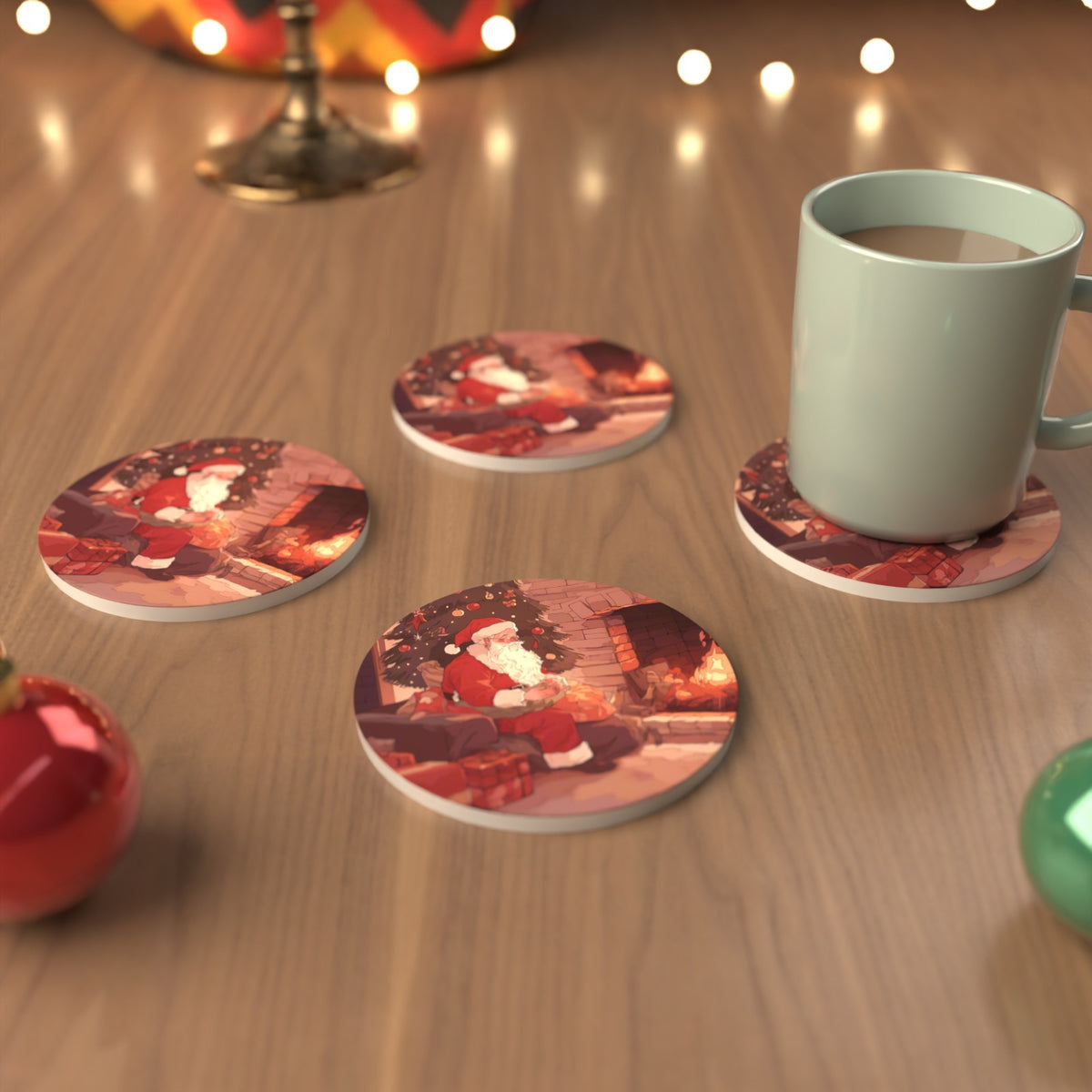 Father Christmas at the Hearth Round Ceramic Coasters – Set of 6 – cosy lifestyle mockup