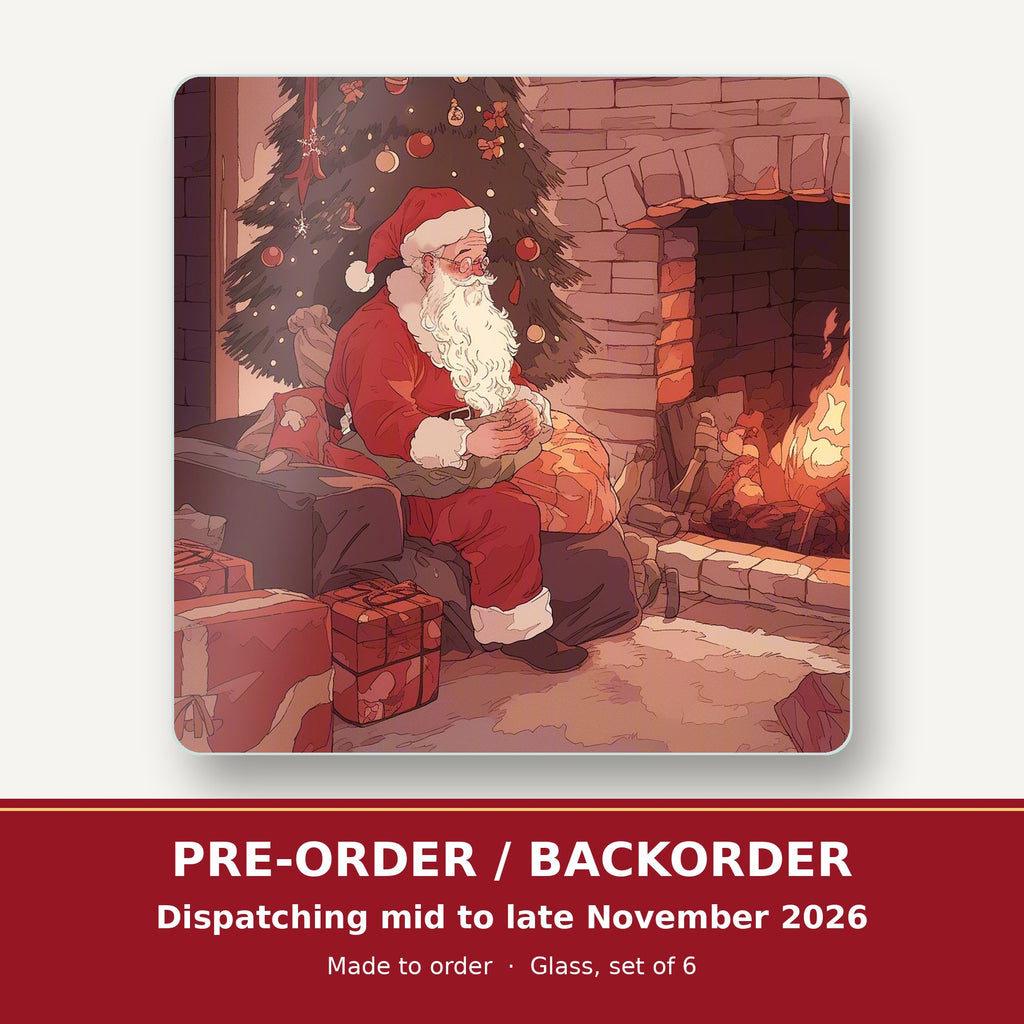 Father Christmas at the Hearth square glass coaster set of 6 – pre-order / backorder, dispatching mid to late November 2026